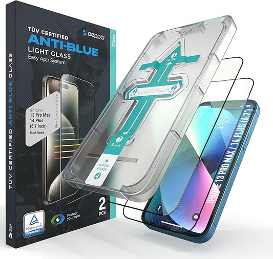 Deppa Displayschutzfolie für iPhone 14 Plus/13 Pro Max (6,7 Zoll) | 2 Stück | TÜV-zertifizierter Blaulichtfilter | stoßfest & blasenfrei