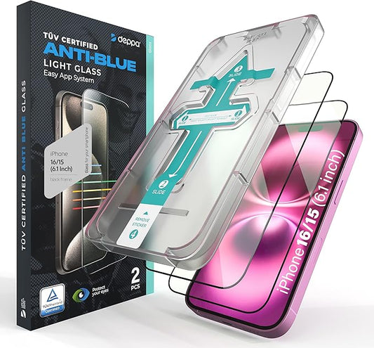 Deppa Displayschutzfolie für iPhone 16/15 (6,1 Zoll) | 2 Stück | TÜV-zertifizierter Blaulichtfilter | Kratzfest & blasenfrei – A47078