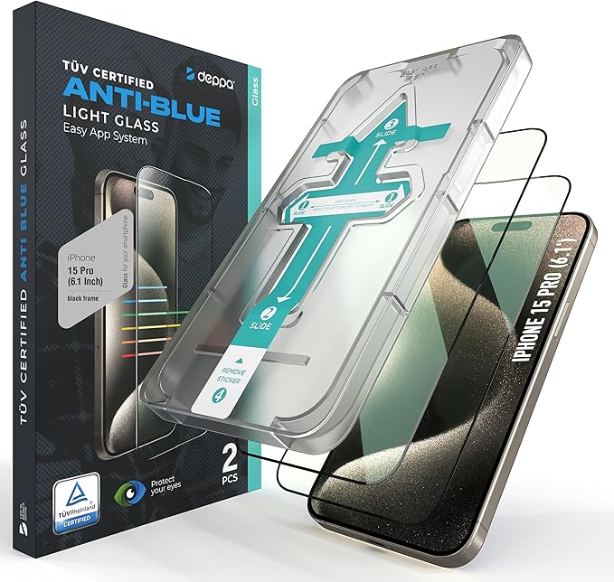 Deppa Displayschutzfolie für iPhone 15 Pro (6,1 Zoll) | 2 Stück | TÜV-zertifizierter Blaulichtfilter | Kratzfest & blasenfrei – A47078