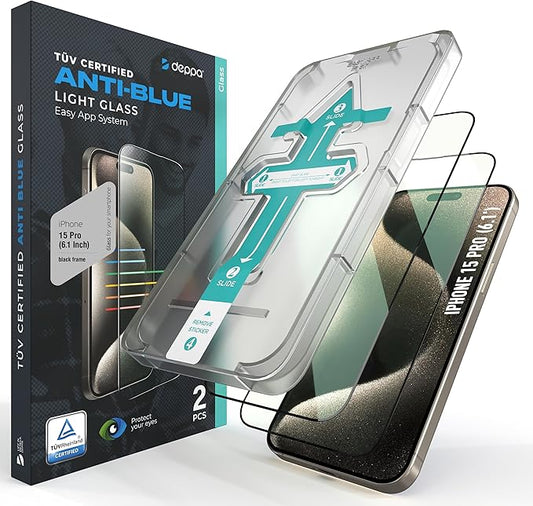 Deppa Displayschutzfolie für iPhone 15 Pro (6,1 Zoll) | 2 Stück | TÜV-zertifizierter Blaulichtfilter | Kratzfest & blasenfrei – A47078