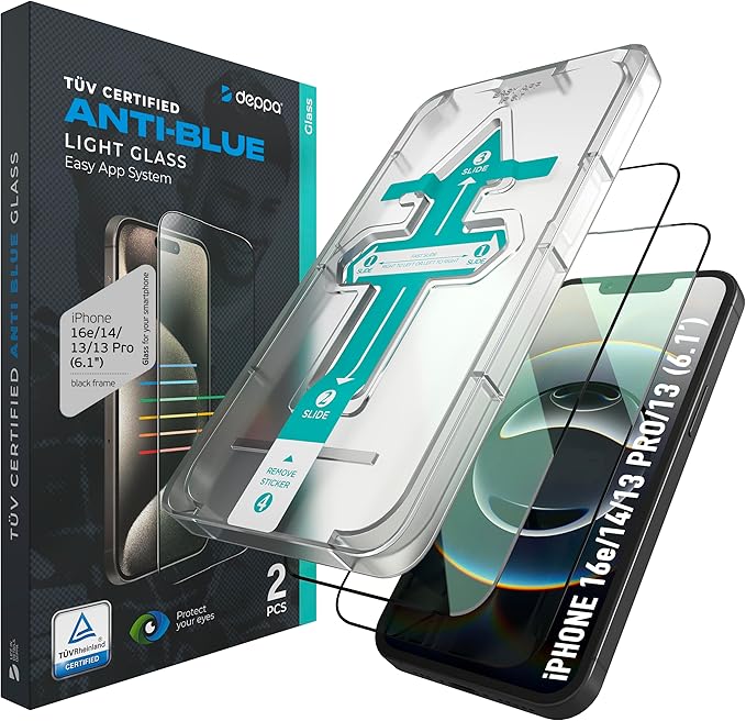 Deppa Displayschutzfolie für iPhone 16e/14/13 Pro/13 (6,1 Zoll) | 2 Stück | TÜV-zertifizierter Blaulichtfilter | Kratzfest & blasenfrei