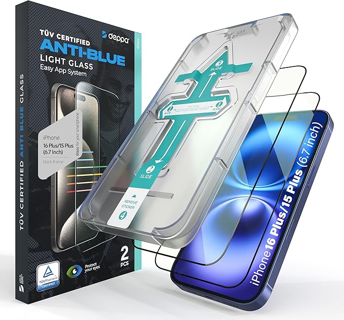 Deppa Displayschutzfolie für iPhone 16 Plus/15 Plus (6,7 Zoll) | 2 Stück | TÜV-zertifizierter Blaulichtfilter | Kratzfest & blasenfrei