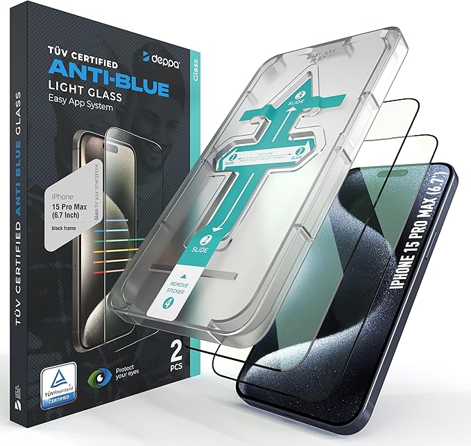 Deppa Displayschutzfolie für iPhone 15 Pro Max (6,7 Zoll) | 2 Stück | TÜV-zertifizierter Blaulichtfilter, kratzfest, blasenfrei – A47078