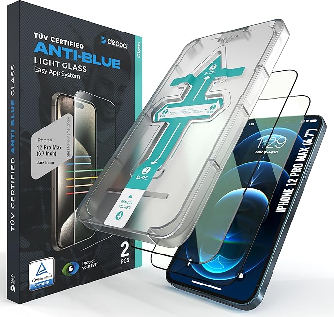 Deppa Displayschutzfolie für iPhone 12 Pro Max (6,7 Zoll) | 2 Stück | TÜV-zertifizierter Blaulichtfilter, kratzfest & blasenfrei – A47078